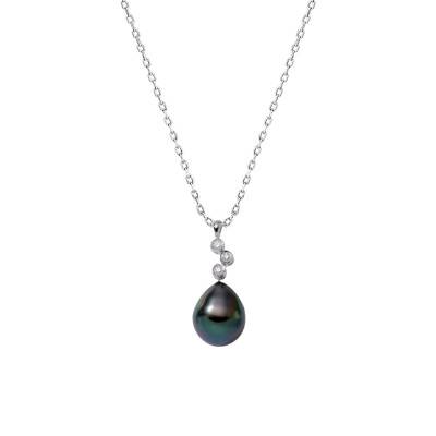 750/1000 White Gold, Diamond 0.06 ct & Pear-Shaped Tahitian Pearl Necklace, 45 cm - Négoce-îles