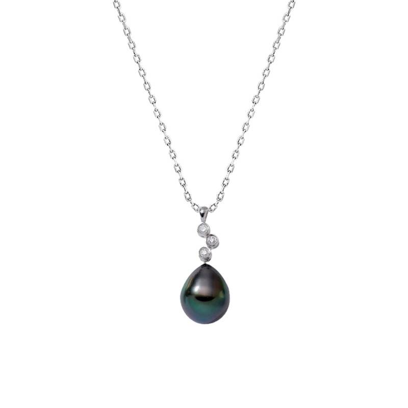 750/1000 White Gold, Diamond 0.06 ct & Pear-Shaped Tahitian Pearl Necklace, 45 cm - Négoce-îles