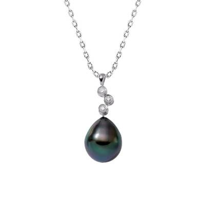 750/1000 White Gold, Diamond 0.06 ct & Pear-Shaped Tahitian Pearl Necklace, 45 cm - Négoce-îles