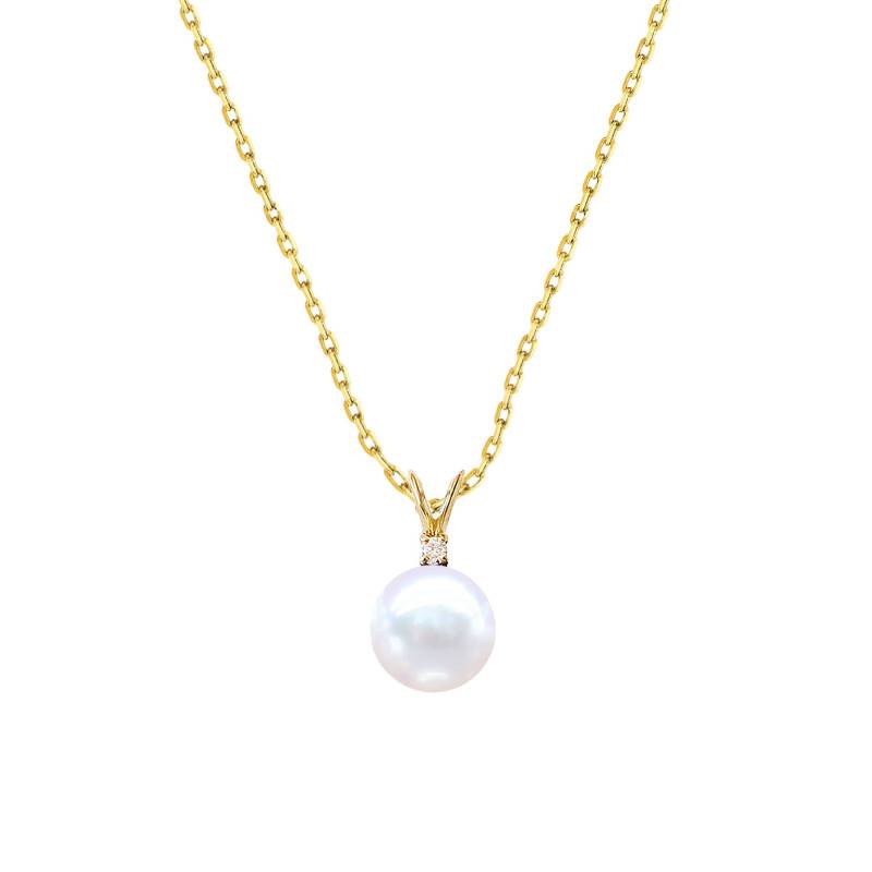 18K Yellow Gold Round, 0.03 ct Diamond & Freshwater Pearl Necklace, Length 45 cm - Négoce-îles