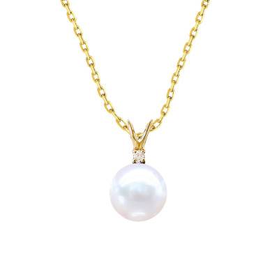 18K Yellow Gold Round, 0.03 ct Diamond & Freshwater Pearl Necklace, Length 45 cm - Négoce-îles