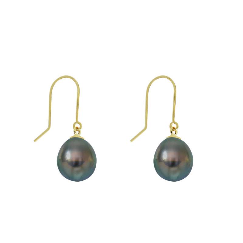 750/1000 Yellow Gold Drop Earrings & Tahitian Pearls 7/8 mm - Négoce-îles