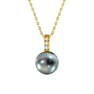 750/1000 Yellow Gold, Diamonds 0.03 ct & Round Tahitian Pearl Necklace, 45 cm - Négoce-îles
