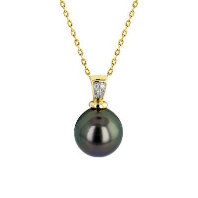 750/1000 Yellow Gold, Diamonds & Round Tahitian Pearl Necklace, 45 cm - Négoce-îles
