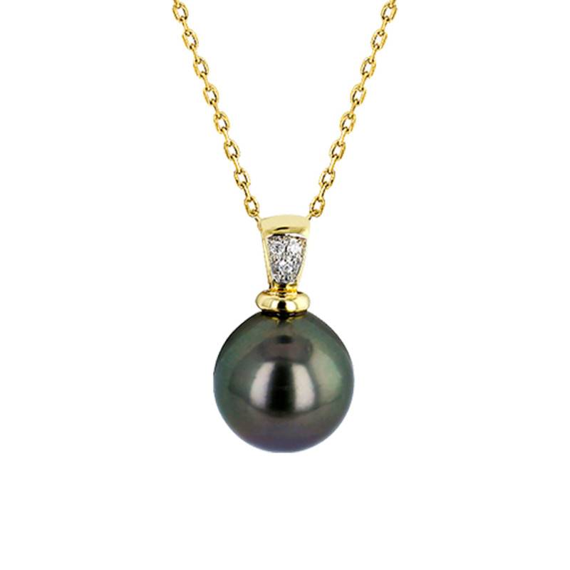 750/1000 Yellow Gold, Diamonds & Round Tahitian Pearl Necklace, 45 cm - Négoce-îles