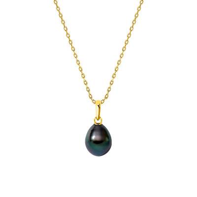 750/1000 Yellow Gold & Pear-Shaped Tahitian Pearl Necklace, 45 cm - Négoce-îles