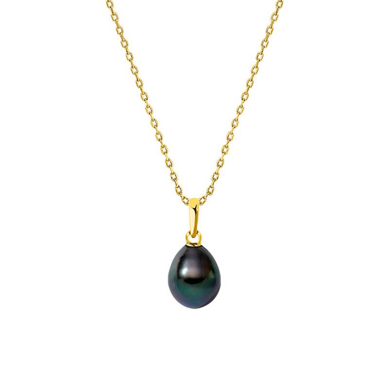 750/1000 Yellow Gold & Pear-Shaped Tahitian Pearl Necklace, 45 cm - Négoce-îles