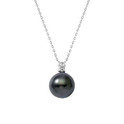 Collier Perle De Tahiti Ronde 12/13 mm & Diamant 0,15 ct en Or Blanc 750, Longueur 45 cm - Négoce-îles