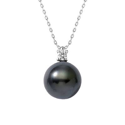Collier Perle De Tahiti Ronde 12/13 mm & Diamant 0,15 ct en Or Blanc 750, Longueur 45 cm - Négoce-îles