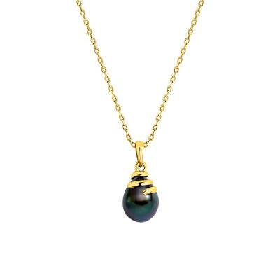 Collier Perle de Tahiti Poire 9/10 mm Entrelacé en Or Jaune 750, Longueur 45 cm - Négoce-îles
