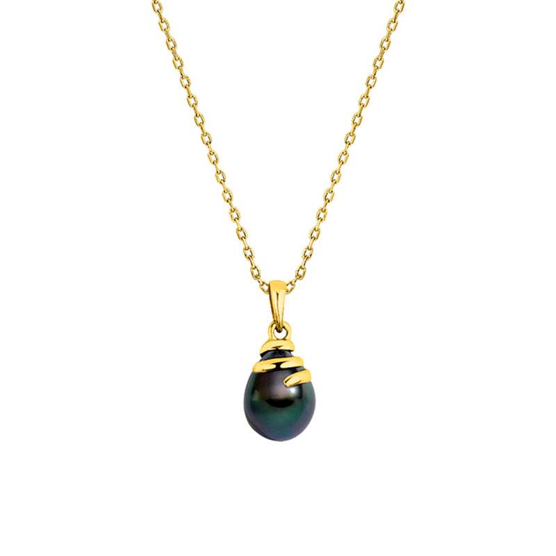 750/1000 Yellow Gold Interlaced Pear & Tahitian Pearl Necklace, 45 cm - Négoce-îles
