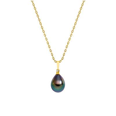 Collier Perle de Tahiti Poire 9/10 mm & Diamant 0,01 ct en Or Jaune 750, Longueur 45 cm - Négoce-îles