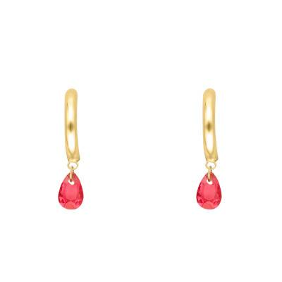 375/1000 Yellow Gold & Pink Pear Crystal Hoop Earrings, 11.70 mm Diameter - Ocarat