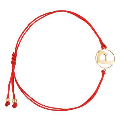 375/1000 Yellow Gold Red Cord Initial Medallion Bracelet, 12 cm Length - Ocarat