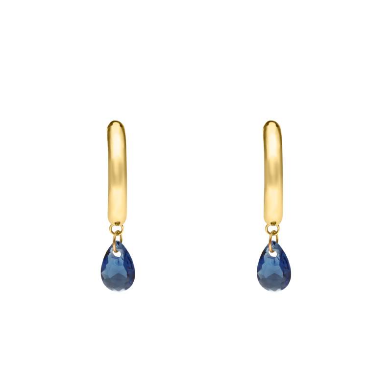 375/1000 Yellow Gold Hoop Earrings & Blue Pear Crystals, 11.70 mm Length - Ocarat