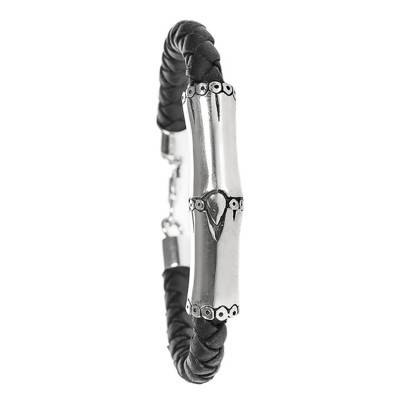 Braided Leather and Silver Bamboo Bracelet, Length 20 cm to 21 cm - Orus Bijoux