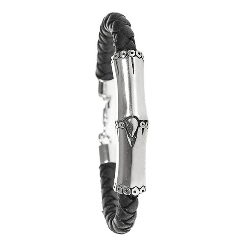 Braided Leather and Silver Bamboo Bracelet, Length 20 cm to 21 cm - Orus Bijoux