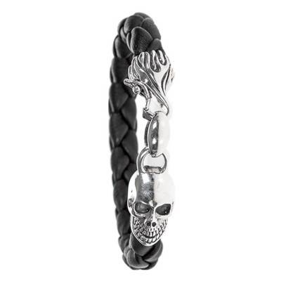 925 Silver & Leather Skull Bracelet, Length 20 cm to 23 cm - Orus Bijoux
