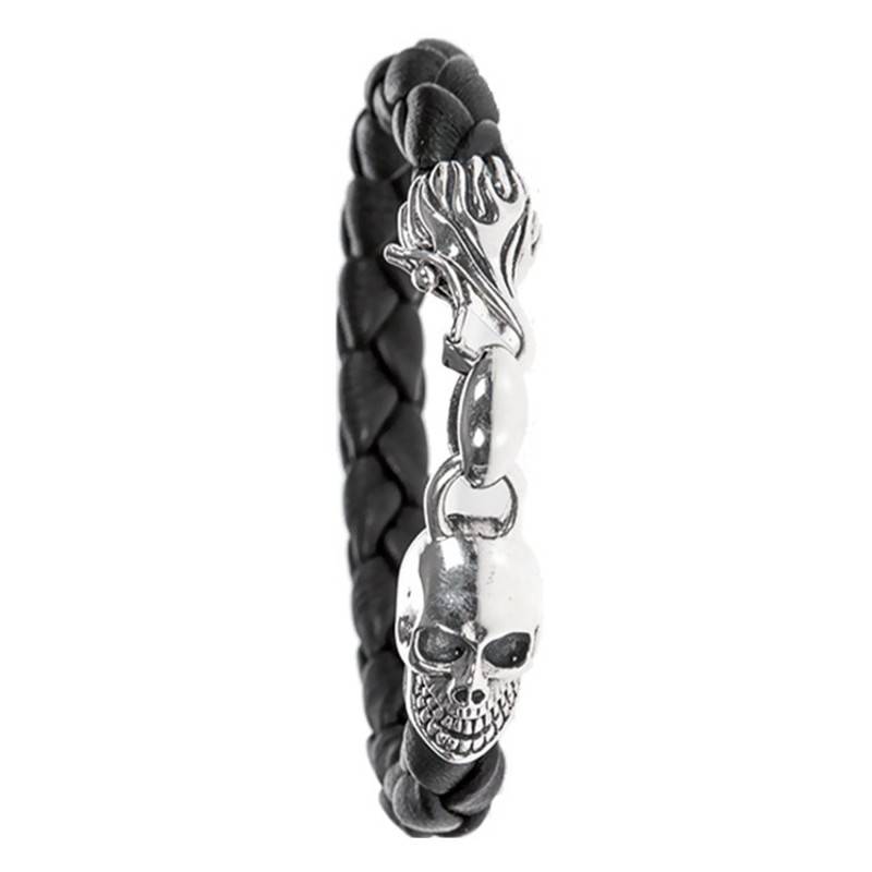 925 Silver & Leather Skull Bracelet, Length 20 cm to 23 cm - Orus Bijoux