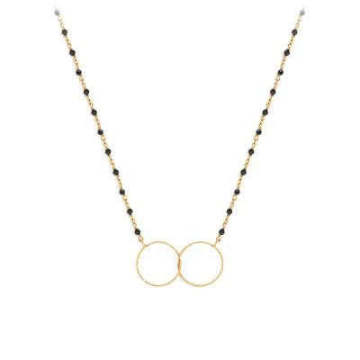 Collier argent doré double rond et pierre spinelle noire, Longueur 38 cm - Orus Bijoux