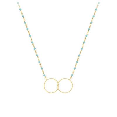 Collier argent doré double rond et pierre turquoise, Longueur 38 cm - Orus Bijoux