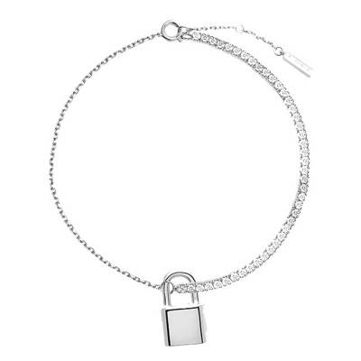 Bond 925/1000 Sterling Silver & White Cubic Zirconia Padlock Bracelet, Length 16 cm to 19 cm, Width 0.40 mm - PU02-046-U - Pdpaola
