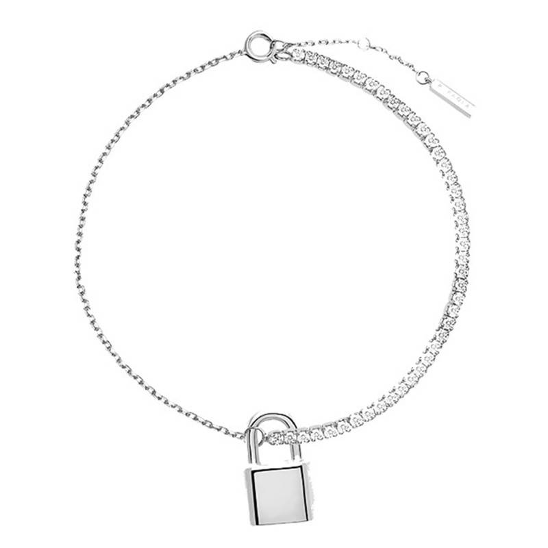 Bond 925/1000 Sterling Silver & White Cubic Zirconia Padlock Bracelet, Length 16 cm to 19 cm, Width 0.40 mm - PU02-046-U - Pdpaola