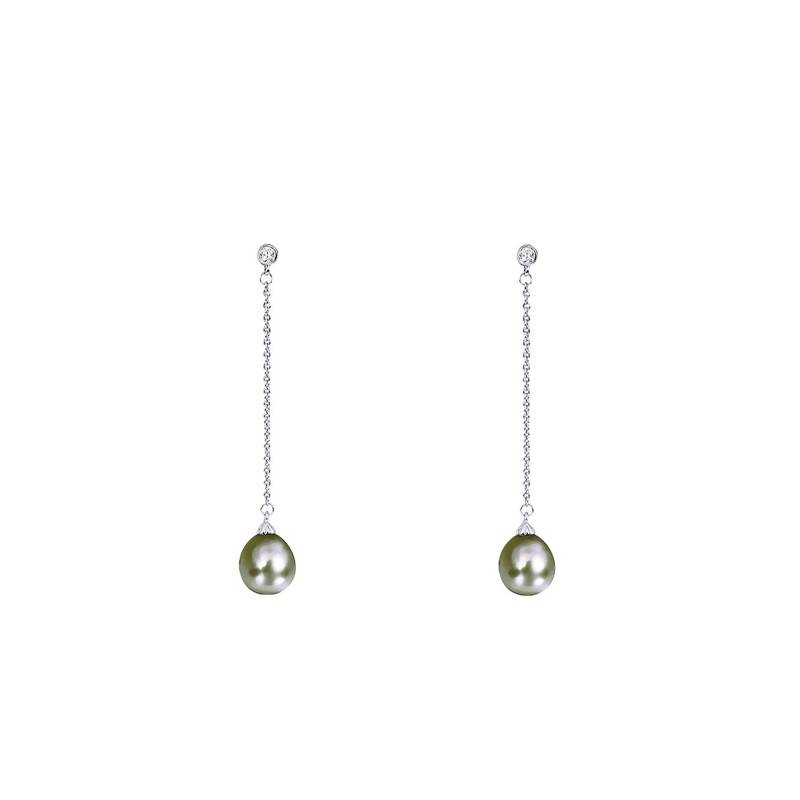 750 White Gold, Diamond & Tahitian Pearl Drop Earrings - Poema