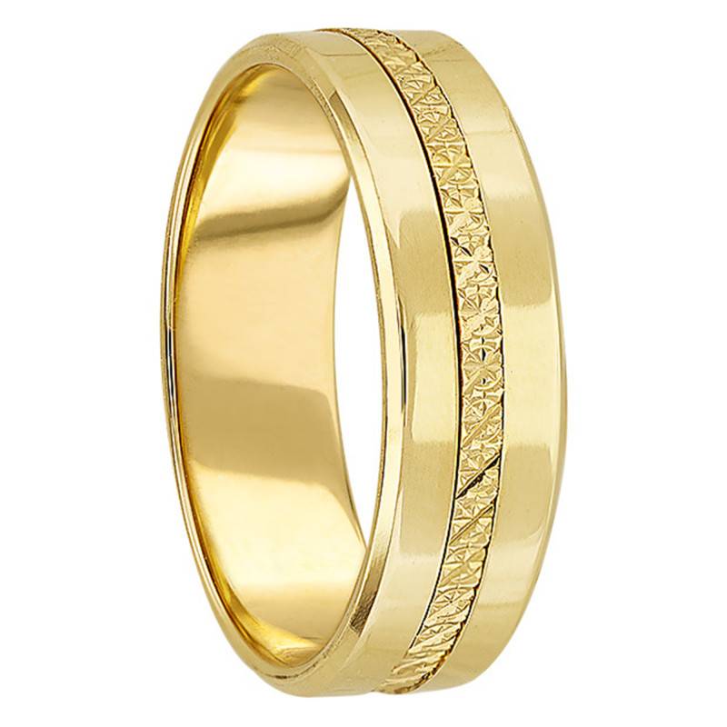 375/1000 Yellow Gold Standard Bali Wedding Ring with Diamond-Cut Groove, Width 6 mm - Ponce
