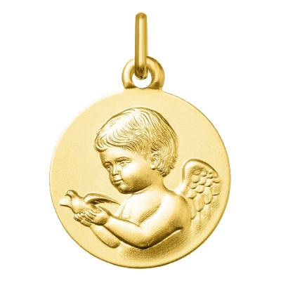 375 Yellow Gold Angel and Dove Medal, 16 mm Diameter - Emanessence