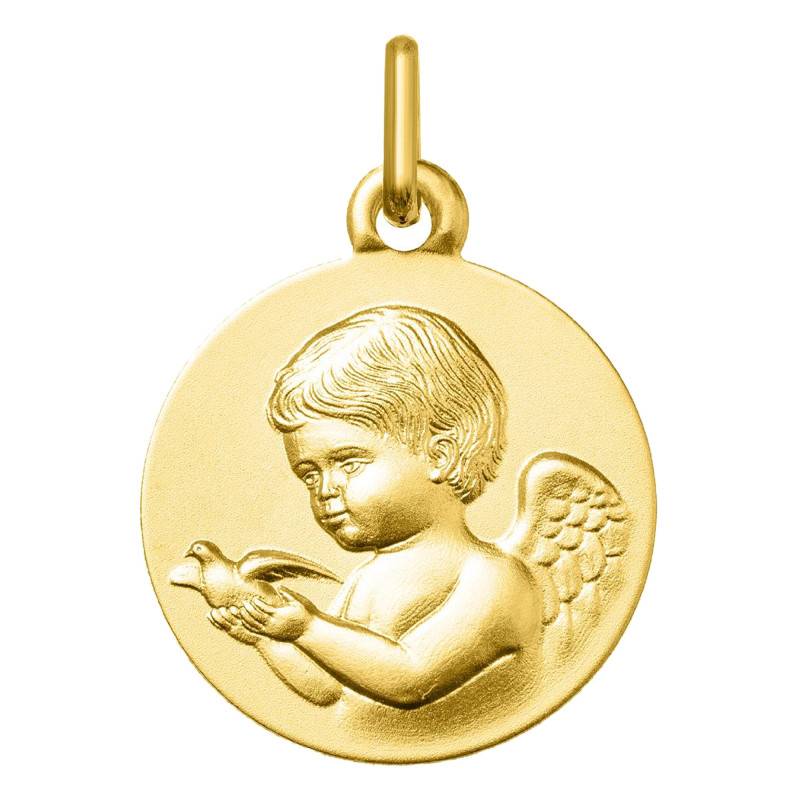 375 Yellow Gold Angel and Dove Medal, 16 mm Diameter - Emanessence