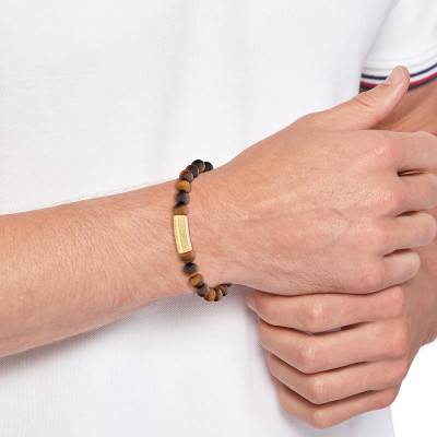 Gold-Plated Steel & Tiger's Eye Beads Bracelet 18 cm - 2790582 - Tommy Hilfiger