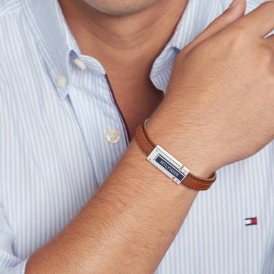 Brown Leather and Stainless Steel Flat Bracelet, Length 19 cm - 2790560 - Tommy Hilfiger