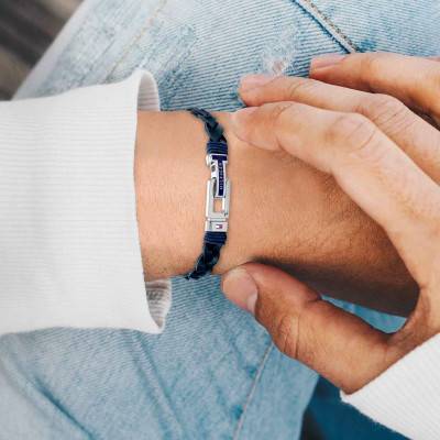 Bracelet Casual Core Tressé en Acier & Cuir Bleu, Longueur 20,50 cm Ajustable - 2790308 - Tommy Hilfiger