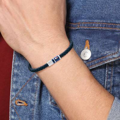 Bracelet Casual Core Tressé en Acier & Cuir Bleu, Longueur 17,50 cm - 2790294S - Tommy Hilfiger