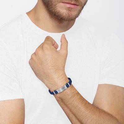 Dylan Blue Leather and Steel Bracelet, Length 17 cm - 1580609S - Boss