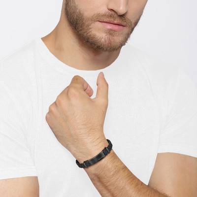 Dylan Black Leather and Stainless Steel Bracelet, 19.50 cm - 1580608M - Boss