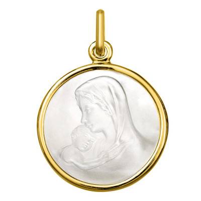 Médaille Vierge Marie et Enfant en Or Jaune 750 & Nacre, Diamètre de 16 à 20 mm - Argyor