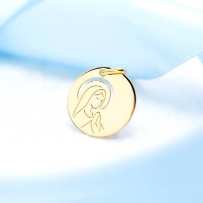 375/1000 Yellow Gold Openwork Praying Virgin Medal, 16 mm Diameter - Emanessence