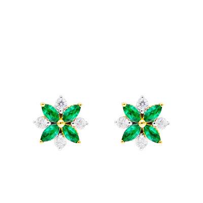 375/1000 or 750/1000 Yellow Gold, Diamonds & Emeralds Flower Stud Earrings - Aurora