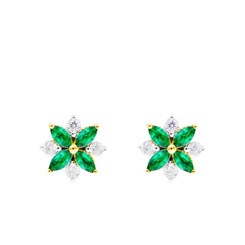 375/1000 or 750/1000 Yellow Gold, Diamonds & Emeralds Flower Stud Earrings - Aurora