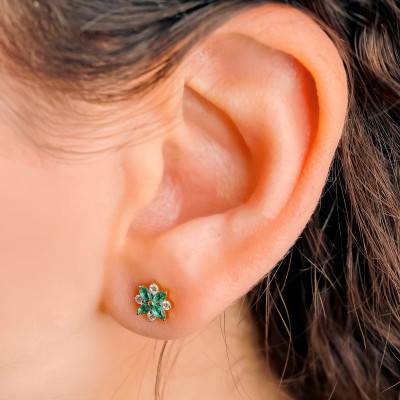375/1000 or 750/1000 Yellow Gold, Diamonds & Emeralds Flower Stud Earrings - Aurora