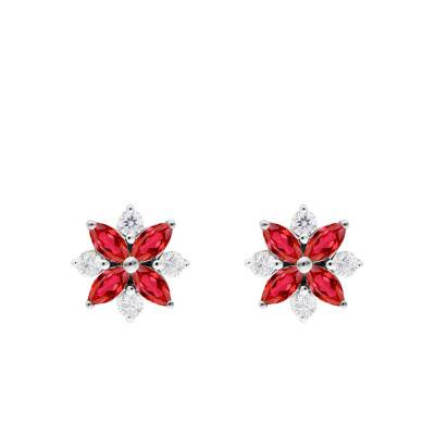 Boucles d'Oreilles Fleurs Rubis, Diamants & Or Blanc 375 ou 750 - Aurora