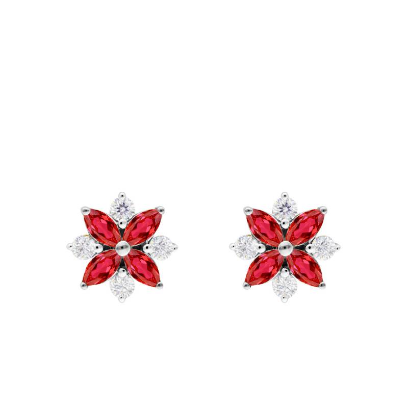 "375/1000 or 750/1000 White Gold, Diamond & Ruby Flower Stud Earrings" - Aurora