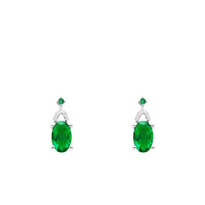 Boucles d'Oreilles Ovales Emeraudes, Diamants & Or Blanc 375 ou 750 - Aurora