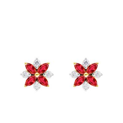Boucles d'Oreilles Fleurs Rubis, Diamants & Or Jaune 375 ou 750 - Aurora