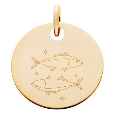 Médaille Zodiaque Poissons & Etoiles Plaqué Or Jaune, Diamètre 19 mm - Lumiosa