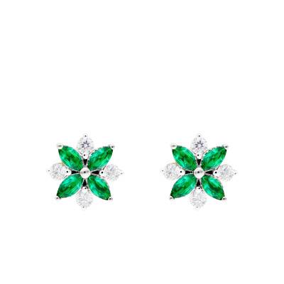 Boucles d'Oreilles Fleurs Emeraudes, Diamants & Or Blanc 375 ou 750 - Aurora