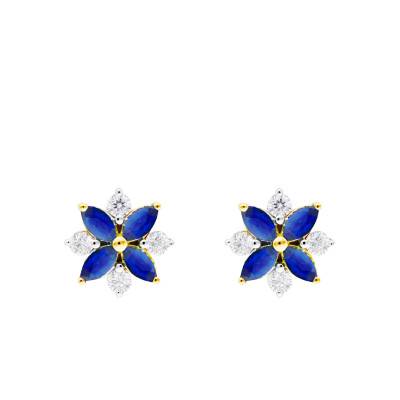 Boucles d'Oreilles Fleurs Saphirs, Diamants & Or Jaune 375 ou 750 - Aurora