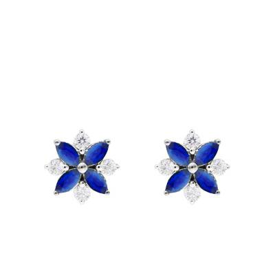 Boucles d'Oreilles Fleurs Saphirs, Diamants & Or Blanc 375 ou 750 - Aurora